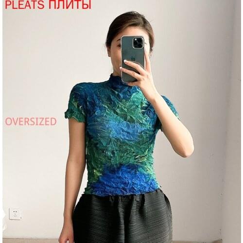 Miyake Classic Pleated Top Womens Print Summer 2021 New Slim and Thin Pullover T-shirt Women Oversized T Shirt One Piece Corset