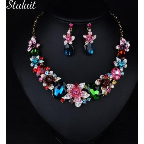 Fashion Bridal Wedding Jewelry Color Crystal Rhinestone Flower Water Drop Jewelry Set Statement Chunky Choker Necklace Earring