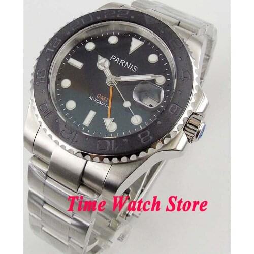 Parnis 40mm 5ATM GMT 3804 automatic mens watch waterproof luminous black dial sapphire glass ceramic bezel