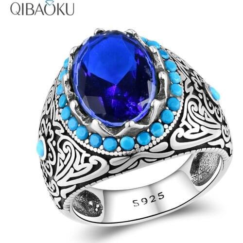 S925 Silver Ring for Men Sapphire Dark Blue Zircon Stone Ring Gemstone Fine Jewelry Male Thai Silver Turkish Jewelry
