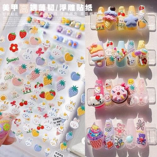 2 pcs Nail Art high-end thin embossed sticker strawberry bear hand-drawn bear with chicken ice cream rabbit nail decal