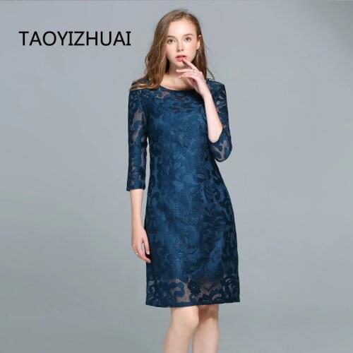 TAOYIZHUAI 2019 New Arrival Spring Vintage Style Regular Three Quater Sleeves Plus Size Solid Blue A-Line Women Lace Dress 14068
