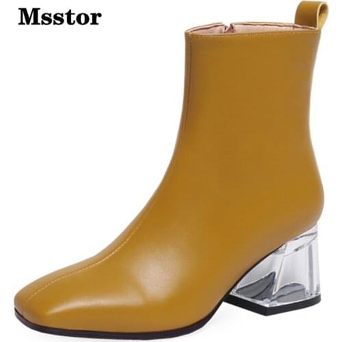 Square Toe Yellow Shoes Women Cow Leather Zipper Sewing Winter Elegant High Heels Women Ankle Boots Party Transparent Boots Sexy