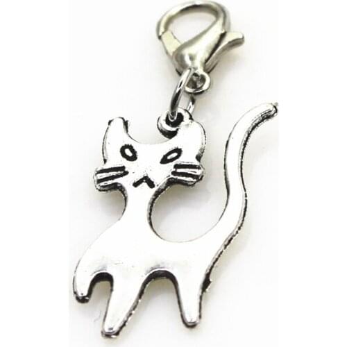 Wholesale 50pcs/lot Silver Animal Cat dangle charms lobster clasp hanging charms diy bracelets Bangles jewelry accessories