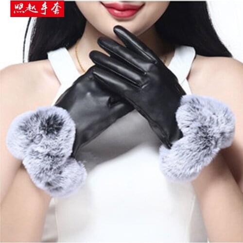 PU gloves women winter big fur mouth riding warm gloves thickened windproof touch screen leather gloves Plush full finger gloves
