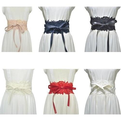 Q1QA Floral Lace Wide Girdle Womens Fashion Sweet Bowknot Tie Corset Waistband for Dress Decorative Strap