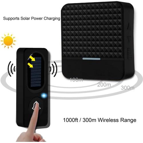 Solar Wireless Doorbell Sun Charging Sensor Night Light Outdoor IP65 Waterproof 300m Receive Range Volume Adjustable Door Bell