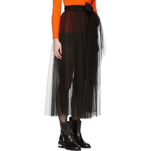 2017 England Style Black Sheer Straight Soft Tulle Skirts Women Overlayer Skirt Female Bow Ankle Length Tutu Skirt Faldas Saia