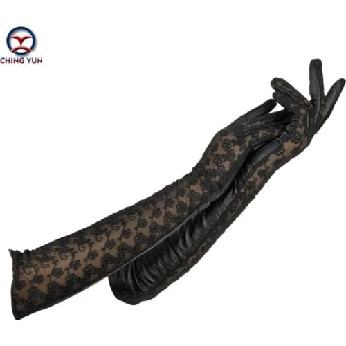CHINGYUN Woman Gloves New 2020 Sheepskin Lace Gloves Women Long Gloves Elbow Arm Sleeve Genuine lady Leather Thin fashion gloves