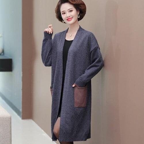 2021 Autumn New Long Style Cardigan For Women Loose Double Pocket Patchwork Casual Knitted Sweater Popular Coat For Mother