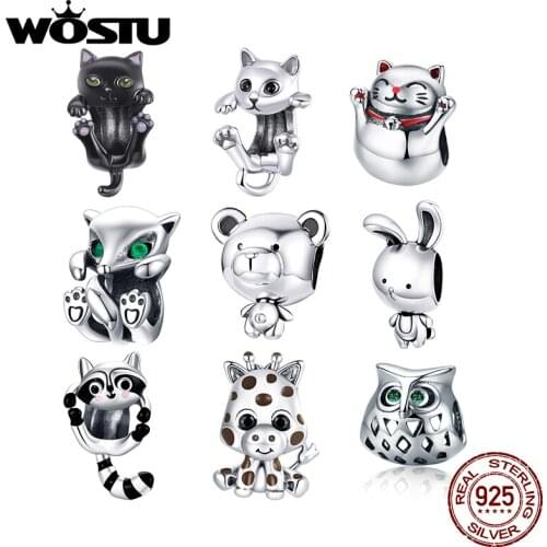 WOSTU Authentic 925 Sterling Silver Hot Sale Little Raccoon Charms Pendant Fit Bracelet Women Fashion DIY Jewelry Gift Making