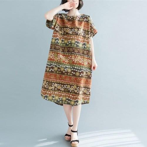 Oversized Women Cotton Linen Casual Dress New Arrival 2021 Summer Vintage Style Floral Print Loose Female Long Dresses S3781