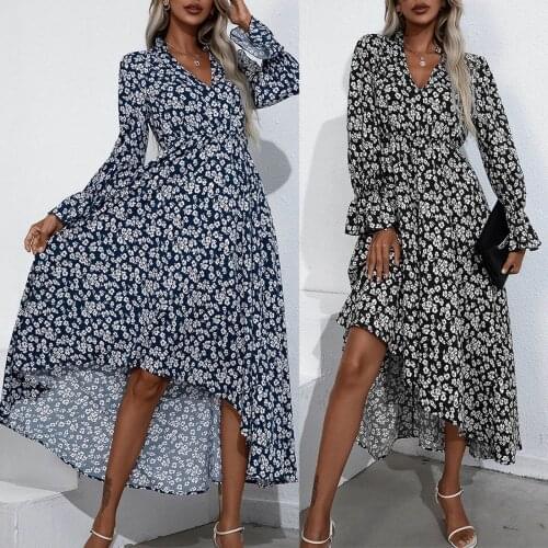 Autumn New Women Dress 2021 Long Flare Sleeve Floral Print A-line Empire V-neck Sexy Dresses Casual Mid-calf Женское платье
