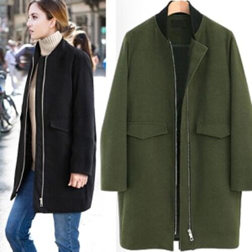Army Green Wool Coat Woman Casual Female Jacket 2018 New Wool Coat Pocket Women Zipper Winter Standing collar Woman Coats