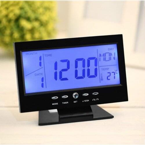LCD Screen Digital Clocks Thermometer Indoor Humidity Monitor Electronic Display Temperature Voice Control Alarm Clock Calendar
