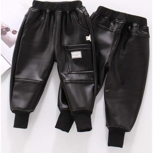 Winter Faux Leather Cargo Pants Childrens Pants Warm Boys Trousers Thicken Casual Cargo Pants Girls Clothing 2 4 6 8 Years