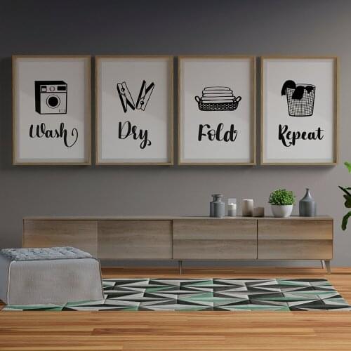 Black White Canvas Laundry Wall Art Modern Wash Dry Fold Repeat Sign Canvas Poster One Line Painting Print Bathroom Home Decor