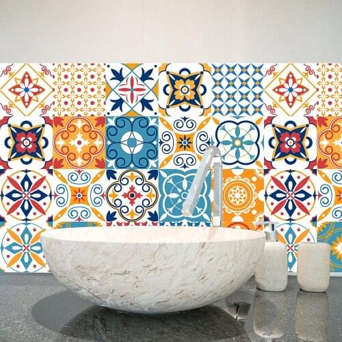 Colorful Retro Strip Floral Ornament Ceramic Tile Wall Stickers Stairs Kitchen Home Decor Wall Decals Peel & Stick Art Wallpaper