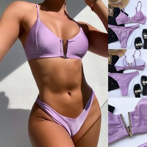 Hot kf-Solid Bikini Swimsuit Women Sexy V-Neck Swimwear Summer 2-Pieces Bikini Set Female Beach Swimming Bathing Suit