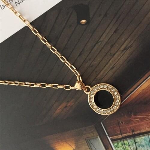 Dainty Clear Stone Around Black Enamel Round Disc Pendant Long Necklace For Women Single Necklace Gift High Quality Tiny Office