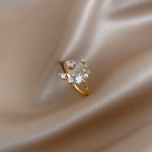Exquisite copper inlaid zircon star moon ring elegant student womens opening adjustable Korean hot selling fashion jewelry ring