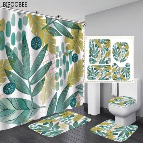 Green Plants Leaves Bathroom Rug Flannel Toilet Cover Anti-slip Carpet Waterproof Durable Shower Curtain Set Bath Mats Rugs