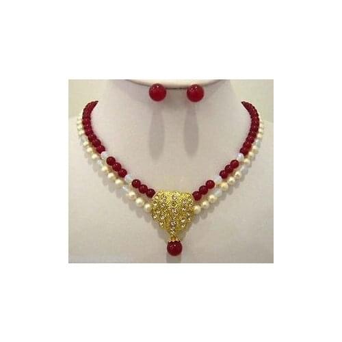 Beautiful 2 row red jade white Freshwater pearl wedding necklace pendant earring set