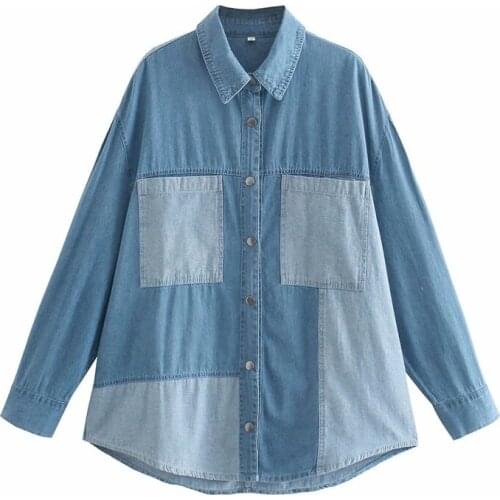 TRAF Women 2021 Fashion Stitching Denim Shirt Jacket Retro Long Sleeve Pocket Hem Asymmetric Coats Streetwear