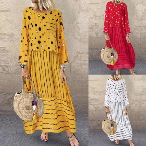 50% Hot Sales Women Long Sleeve Polka Dot Print Large Hem Fake Two Piece Loose Maxi Dress
