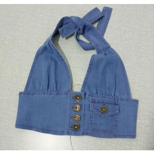 Hot Sexy Women Denim Vest Strap Sleeveless Ruffles Backless Vests Bandage Adjustable Strapless Halter With Pocket Tank Top F1049