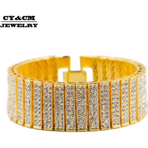 CY&CM Men Hip hop Bracelet Bangle Alloy Gold Color Bling AAA Zinc Rhinestone Crystal Tennis Bracelet Chain Fashion Punk Jewelry