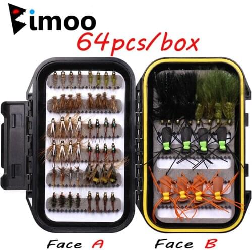 Bimoo Dry Wet Fishing Fly Set Bass Lure Kit Hand Tied Woolly Bugger Streamers Nymphs for Trout Salmon Crappie Bluegill 64pcs