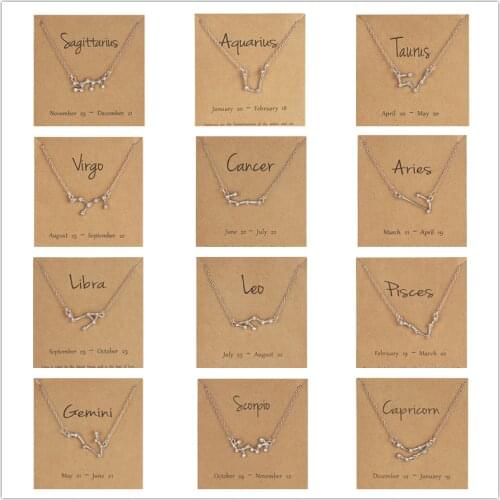 New Creative Twelve Constellation Rhinestone Paper Card Necklace Fashion All-match Female Elegant Silver Color Necklace Jewelry