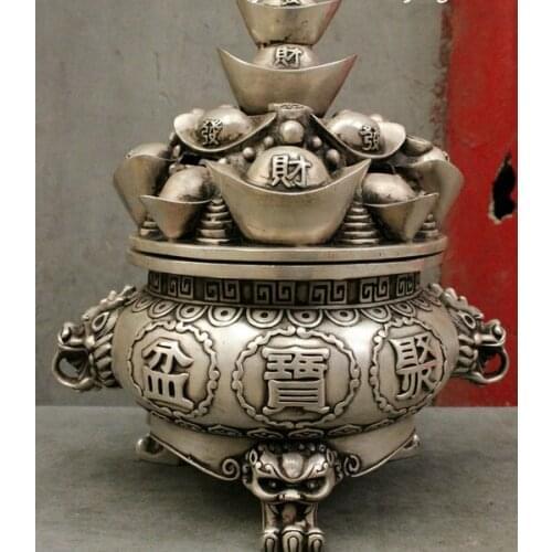 Wholesale factory 10 Folk Chinese Silver YuanBao Wealth Treasure Bowl Statue Incense Burner Censer