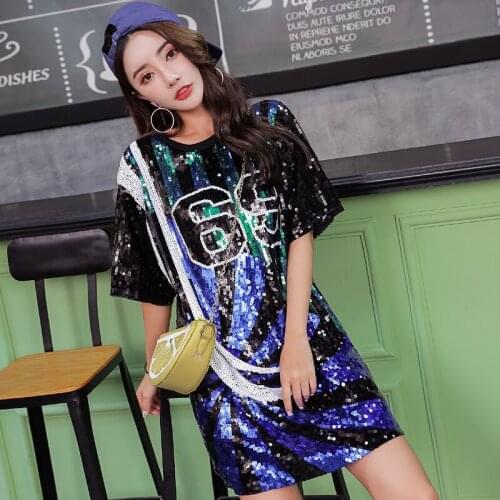 Casual Straight Geometric Short Sequined Fashion Sexy High Steet Number Round Neck Black Party Club Coctail Summer Dress