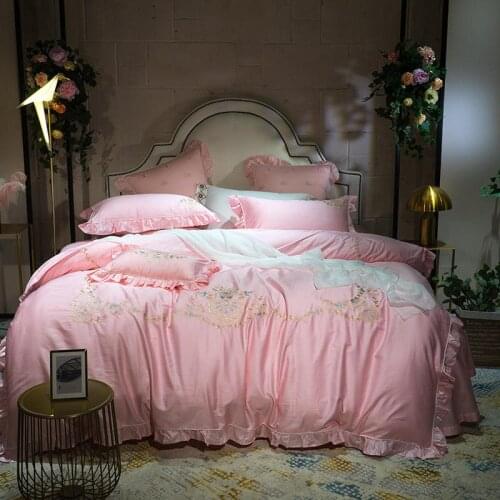 Embroidered Luxury Egyptian cotton Bedding Sets Queen King size 4pcs Bed set Bed Sheet Duvet Navy blue