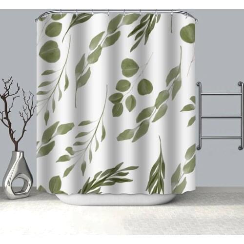 100% Polyester Fabric Watercolor Eucalyptus Leaf Shower Curtain Modern Bathroom Curtain Waterproof HD Printing Bath Curtain