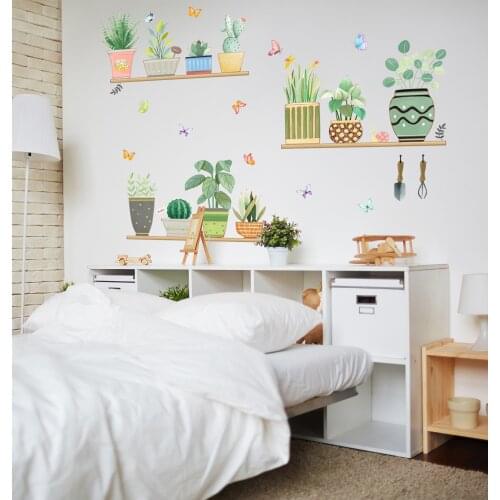 Green plant potted butterfly self adhesive wall sticker Living room bedroom porch dormitory background decoration wallpaper
