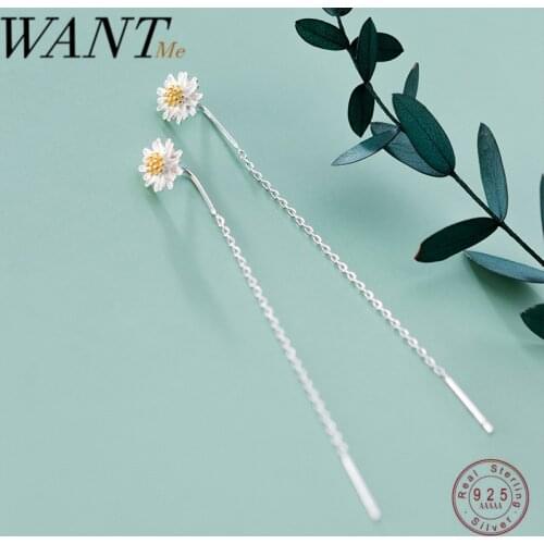 WANTME Real 925 Sterling Silver Small Daisy Drop Earrings for Women Fashion Korean Long Ear Line Chic Party Jewelry Accessories