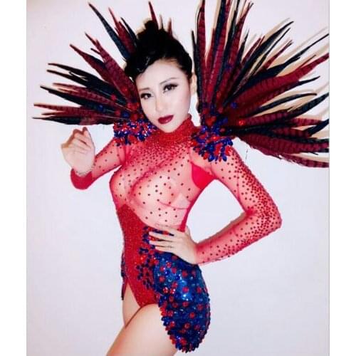 Glisten Red Blue Rhinestone Leotard Costume Feather Shoulder Party Women Bodysuit Nightclub Bar Costumes Female Singer Outfit