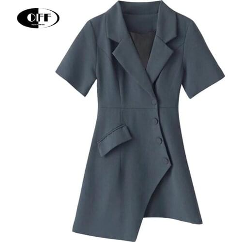 Korean chic designer solid slim mini Blazer dress summer elegant office work OL irregular Single-breasted traf black dress mujer