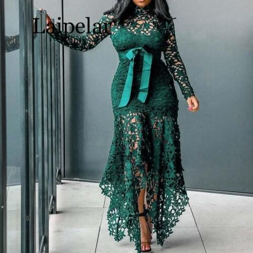 Laipelar Vintage Party Sexy Black Lace Long Dress Plus Big Size Large M-XXXL 4XL Women Mesh Hollow Blue African Maxi Dress 2020