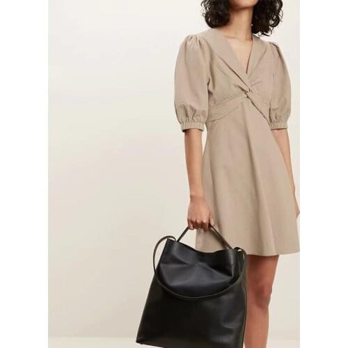 Women Vintage Front Cross Khaki Color A-line Dress Lantern Sleeve Sexy V neck Elegant Casual Mini Dress 2021 Summer New Dress