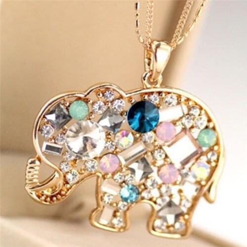 1Pc High Quality Fashion Crystal Lucky Lovely Elephant Alloy Necklace Pednat Multicolor Necklase Long Chain