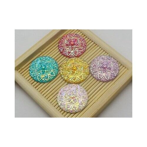 50 Mixed Color Flatback Resin Glitter Rhinestone Flower Round Cabochons 20mm