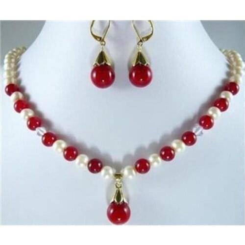 8mmPretty Red Jade and White Pearl Necklace Earring Set