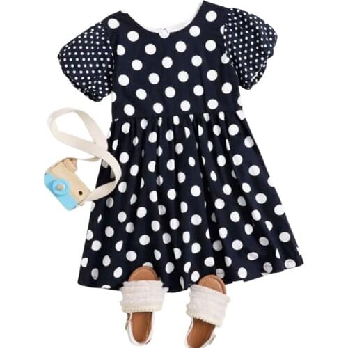 Little Girls Long Dress, Spot Print Crew Neck Short Bubble Sleeve Ruffle Dress 2021 New Vestidos
