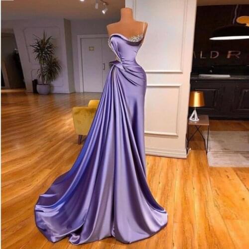 Elegant Lavender Prom Dresses 2021 New Design Sheer Neck With Sequins Beaded Pleats Satin Evening Gowns Arabia Robe De Soiree