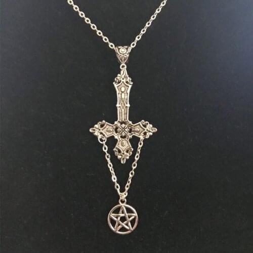 Goth Inverted Cross Pentagram Necklace Satanic Occult Alternative Grunge Jewellery Upside Down Cross Gothic Punk Men Women Gift