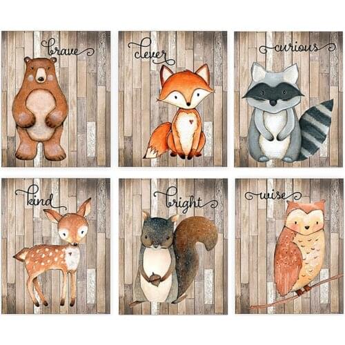 Retro Cartoon Animals Painting Raccoon Fox Deer for Home Decor Children Bedroom Kindergarten Wall Decoration HD Canvas Painting